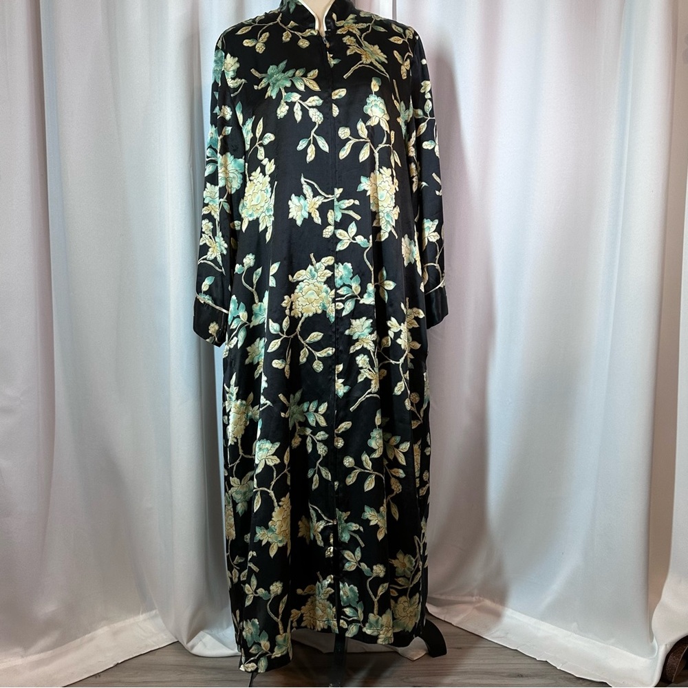 Vtg Natori Kimono Sz S? Floral Kaftan Robe Housecoat Loungewear Full Zip Pockets